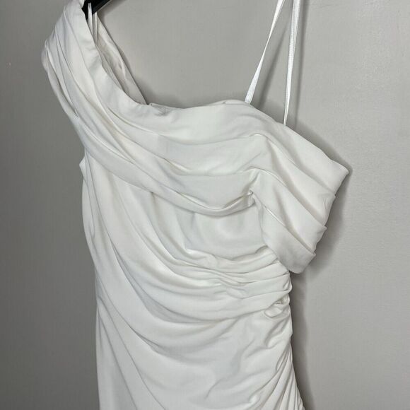 MAC DUGGAL Off Shoulder Gown Women 6 White Ruched Long Dress High Slit Wedding - Picture 5 of 11